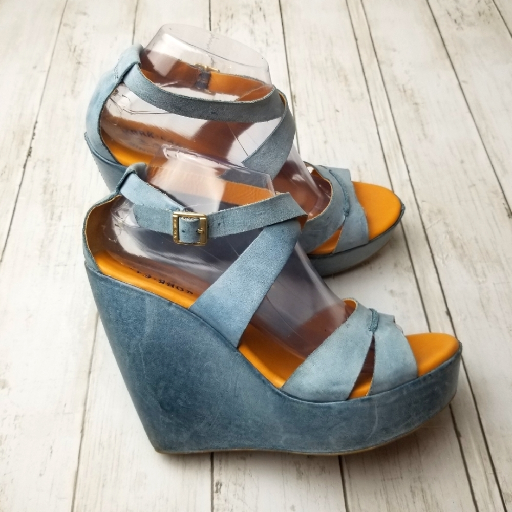Kork-Ease Leather Ankle Wrap Double Band Platform Wedge Sandals